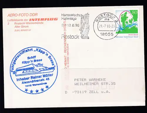 ROSTOCK 18055 ma 21.7.95 Hanseatische Hafentage Rostock 9.-13.8.95 + Cachet