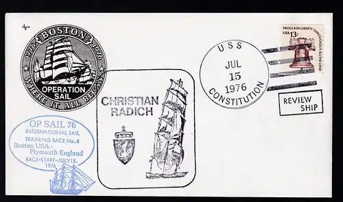 USS CONSTITUTION JUL 15 1976 + Cachets auf Brief