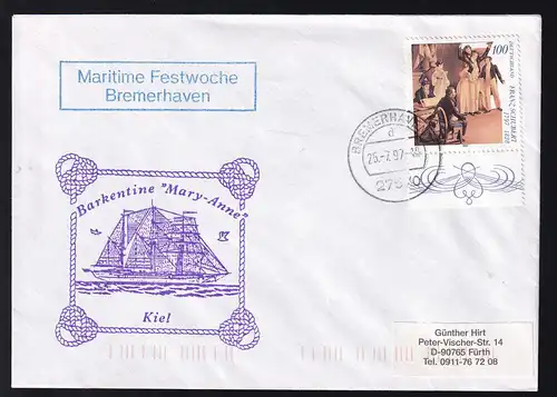 Ost. Bremerhaven 25.7.97 + Cachet Barkentine "Mary-Anne" auf Brief
