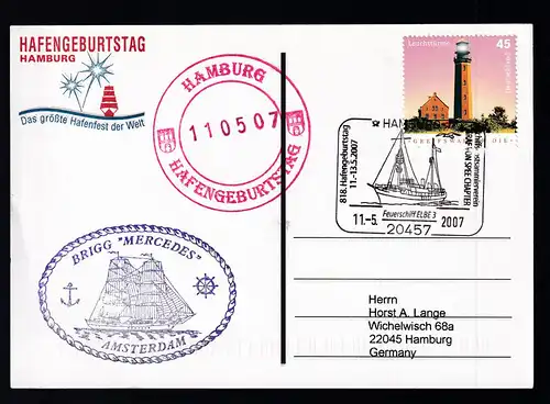 HAMBURG 20457 Feuerschiff Elbe 3 818. Hafengeburtstag 11.-13.5.2007