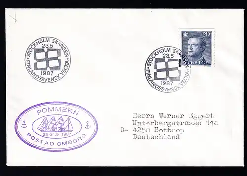 Ost. Stockholm 23.5.1987 + Bordstempel SS Pommern auf Brief