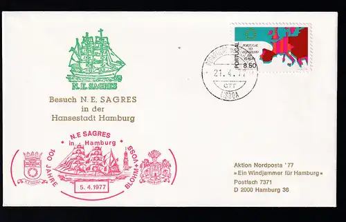 Ost. Lissabon 21.4.77 + Bordstempel NR Sagres auf Brief