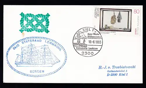 Ost. Kiel 19.6.1993 + Cachet Sk/S Statsraad Lehmkuhl auf Postkarte