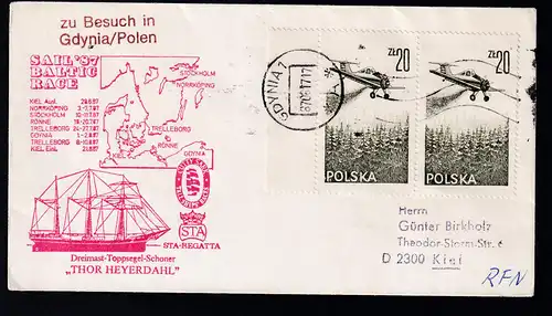 Ost. Gdynia 17.08.87 + Cachet SS Thor Heyerdahl auf Brief