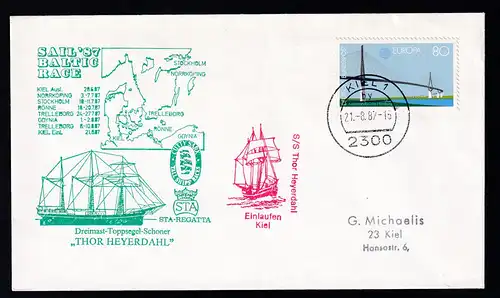 Ost. Kiel 21.8.87 + Cachet SS Thor Heyerdahl auf Brief