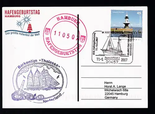 HAMBURG 20457 Feuerschiff Elbe 3 818. Hafengeburtstag 11.-13.5.2007