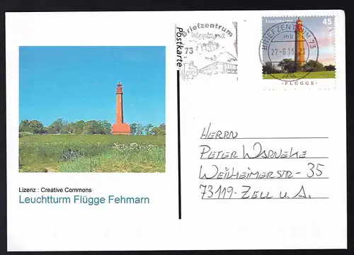 2013 Postkarte mit Marke und Bild Leuchtturm Flügge Fehmarn, BZ-Stempel