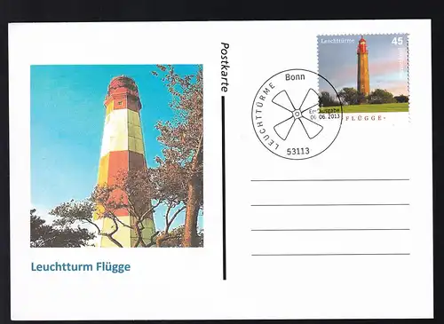2013 Postkarte mit Marke und Bild Leuchtturm Flügge Fehmarn, Ersttagsstempel