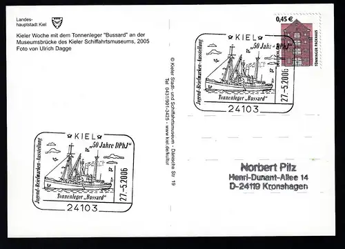 KIEL 24103 Jugend-Briefmarken-Ausstellung "50 Jahre DPhJ" Tonnenleger "Bussard"