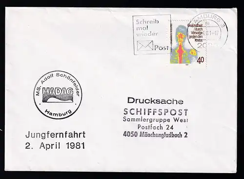 OSt. Hamburg 2-4-81 + Cacher MS Adolf Schönfelder Jungfernfahrt auf Brief