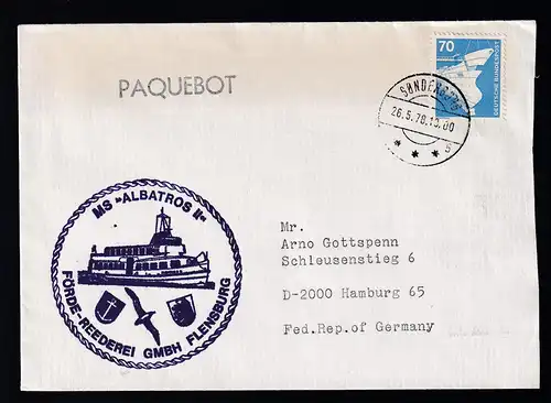 OSt. Sönderborg 26.5.78 + L1 PAQUEBOT + Cachet MS Albatros auf Brief