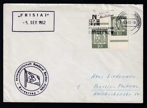 OSt. Norderney 5.9.62 + R2 "FRISIA I" -5. SEP 1962 auf Brief