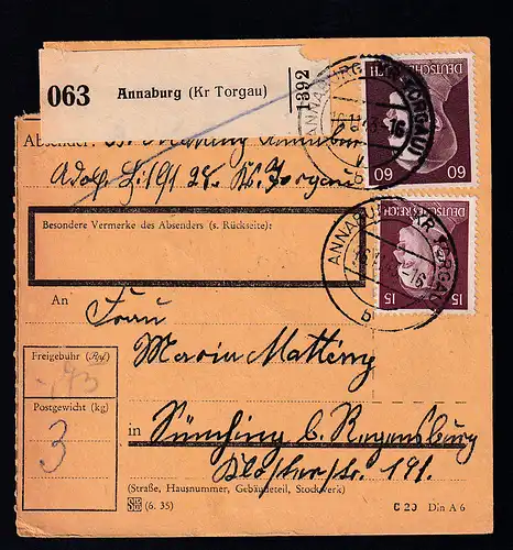 ANNABURG (KR TORGAU) 1 b 16.11.43 auf Paketkarte