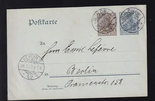 Germania 3 neben 2 Pfg. ab Gunow 23.1.07 nach Berlin