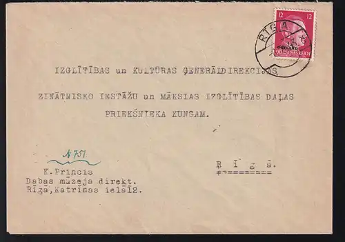 Hitler 12 Pfg. mit Aufdruck "OSTLAND" auf Brief mit Stempel RIGA 8.8.43 n