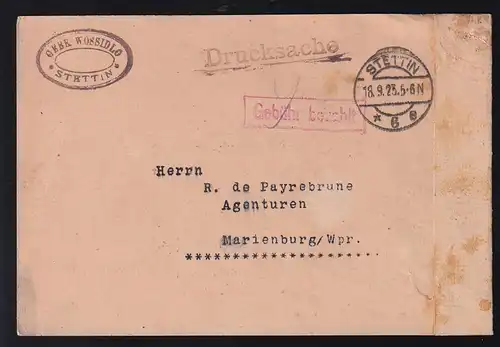 STETTIN *6e 18.9.23 + R1 Gebühr bezahlt auf Postkarte nach Marienburg/Wpr.