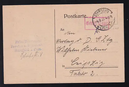 STARGARD I. POM *1e 4.9.23 + R1 Gebühr bezahlt auf Postkarte  des Juwelier 