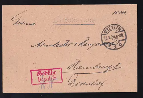 STETTIN *1o 10.9.23 + R2 Gebühr bezahlt auf Postkarte der Spedition Koch & 