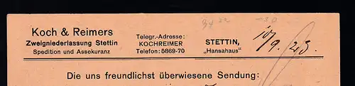 STETTIN *1o 10.9.23 + R2 Gebühr bezahlt auf Postkarte der Spedition Koch & 