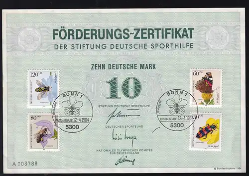 Jugend 1984 Insekten auf Förderungs-Zertifikat der Deutschen Sporthilfe