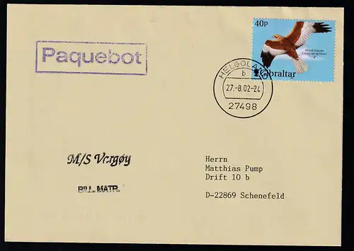 OSt. Helgoland 27.8.02 + R1 Paquebot + L1 M/S Vargoy auf Brief