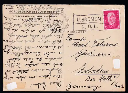 Deutsch-Amerik. Seepost Bremen-New York 14.8.30 D. BREMEN N.D.L. auf CAK (