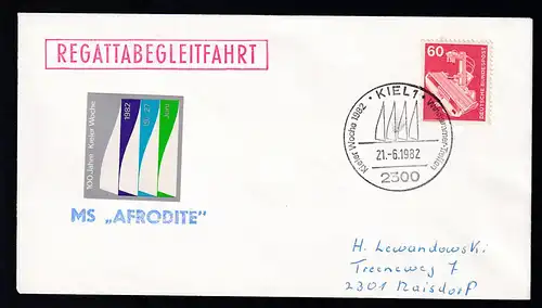 Kieler Woche 1982 Brief mit Sonderstempel + L1 MS "AFRODITE" + R1 