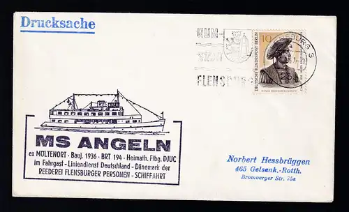 OSt. Flensburg 10.9.66 + Cachet MS Amgeln auf Brief