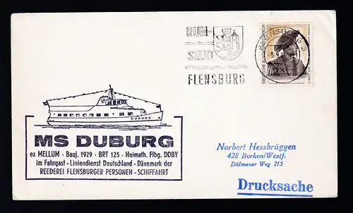 OSt. Flensburg 9.9.66 + Cachet MS Duburg auf Brief