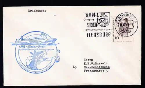 OSt. Flensburg 14.10.66 + Cachet MS Blauer Pirat auf Brief