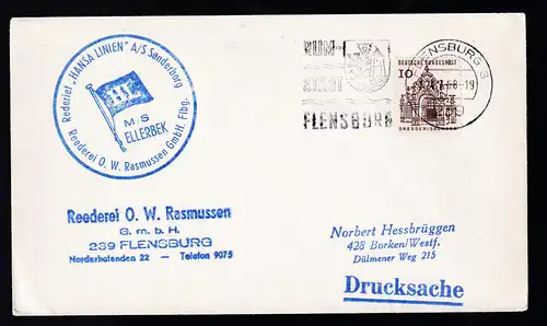 OSt. Flensburg 24.1.68 + Cachet MS Ellerbek auf Brief