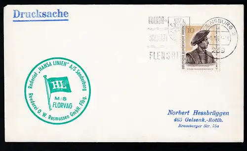 OSt. Flensburg 5.6.66 + Cachet MS Florvag auf Brief