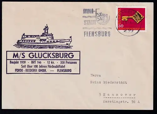 OSt. Flensburg 4.6.68 + Cachet MS Glücksburg auf Brief