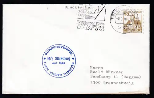 OSt. Flensburg 8.9.78 + Cachet MS Glücksburg auf Brief