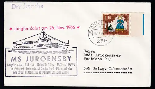 OSt. Flensburg 26.11.60+ Cachet MS Jürgensby auf Brief
