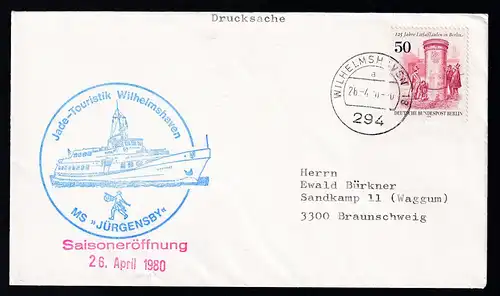 OSt. Wilhelmshaven 26.4.80 + Cachet MS Jürgensby auf Brief