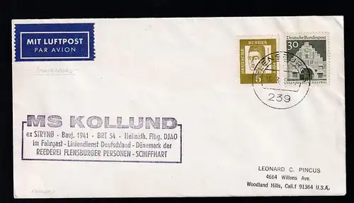OSt. Flensburg 16.3.67 + Cachet MS Kollund auf Brief