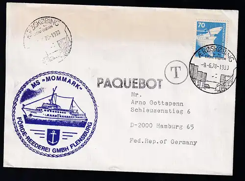 OSt. Aeroskoburg 9.6.78 + L1 PAQUEBOT + Bordstempel MS Mommark auf Brief