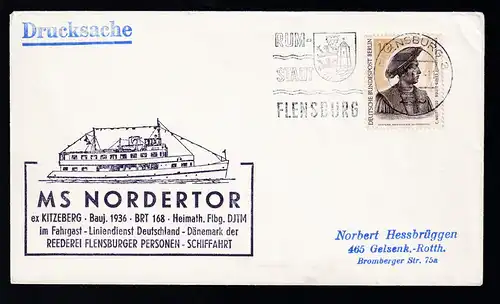 OSt. Flensburg 9.9.66 + Cachet MS Nirdertor auf Brief