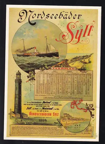 Nordseebäder Sylt Dampfer-Fahrplan 1894, Repro-Karte nach Plakat