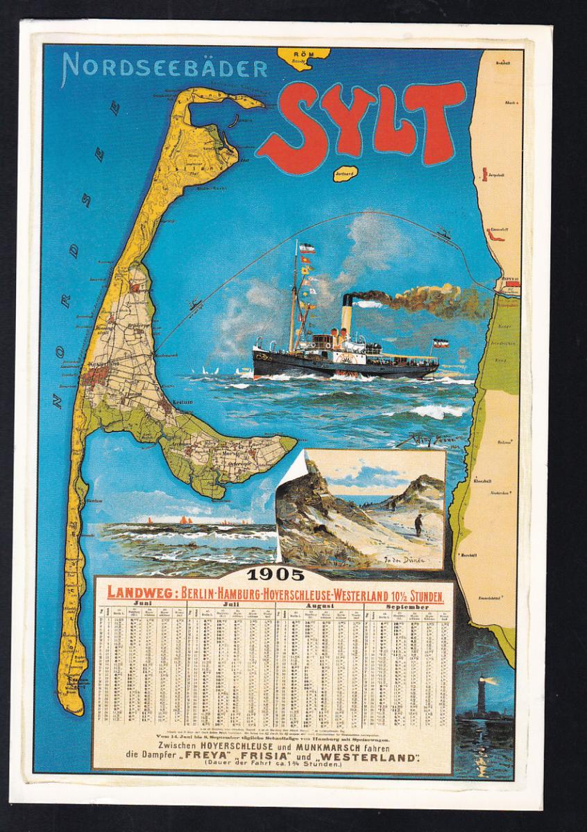 Nordseebäder Sylt Dampferfahrplan 1905, Repro-Karte nach Plakat von