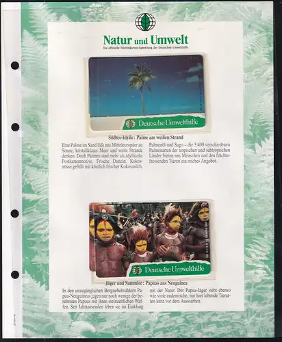 2 Telefonkarten Deutsche Umwelthilfe mit Infoblatt: Palmen am weißen Strand-