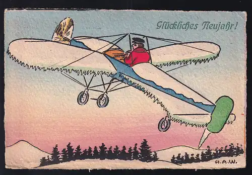 "Glückliches Neujahr" Neujahrskarte mit Flugzeugmotiv
