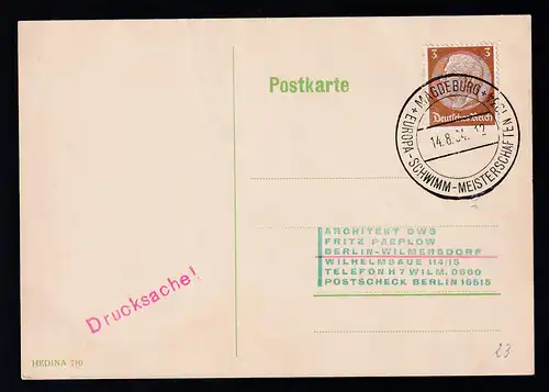 MAGDEBURG EUROPA-SCHWIMM-MEISTERSCHAFTEN 1934 14.8.34 auf Postkarte