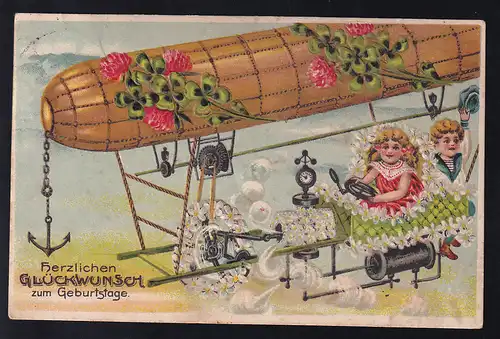 "Herzliche Glückwünsche zum Geburtstage" Prägekarte mit Luftschiff-Motiv