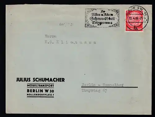 Hindenburg 8 Pfg. auf Firmenbrief Julius Schumacher, Berlin W30) ab Berlin SW 11