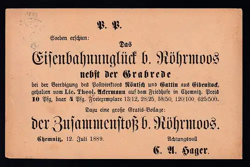 Ziffer 5 Pfg. auf Buchankündigungs-Karte "Das Eisenbahnunglück b. Röhtmoos" 