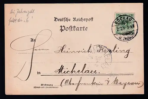 BOCKAU (BZ. ZWICKAU) 2.12.9 (6 in Jahreszahl fehlt) auf Postkarte nach Michelau 