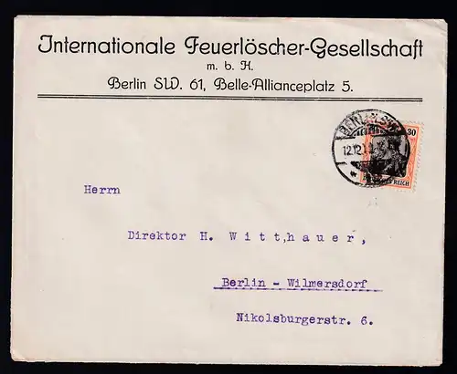 Germania 30 Pfg. auf Briefb der Internationalen Feuerlöscher-Gesellschaft mbH