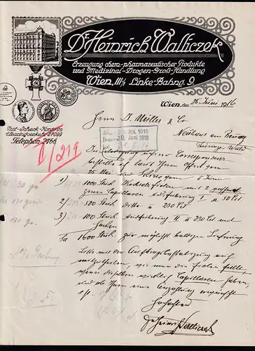1916 illustrierte Ftrmenrechnung Dr. Heinrich Walliczek, Wien, gefaltet und Aktenlochung